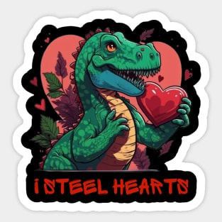 I Steal Hearts Valentines Day Dinosaur, Romantic T Rex Holding a Heart of Love Sticker